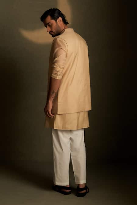 Shop Charkhee Beige Chanderi, Voile, Poplin Embroidery Mul Kurta And Bundi Set at Aza Fashions Shop_Charkhee_Beige Chanderi, Voile, Poplin Embroidery Mul Kurta And Bundi Set _at_Aza_Fashions