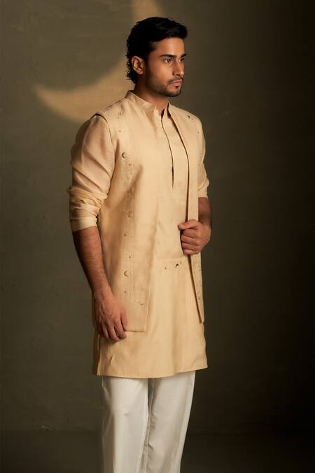 Charkhee Beige Chanderi, Voile, Poplin Embroidery Mul Kurta And Bundi Set Online at Aza Fashions Charkhee_Beige Chanderi, Voile, Poplin Embroidery Mul Kurta And Bundi Set _Online_at_Aza_Fashions