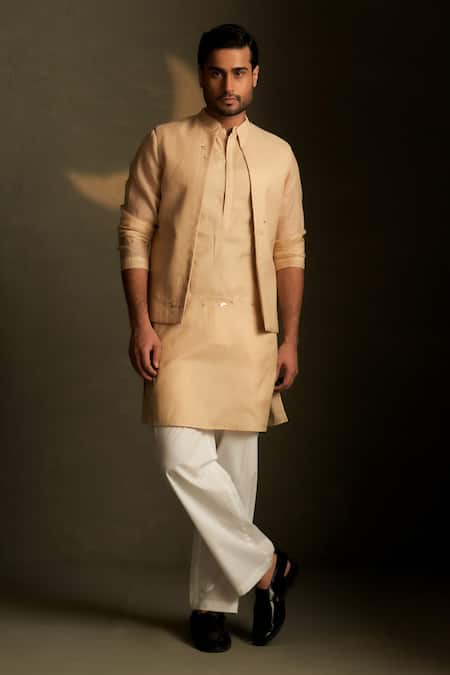 Charkhee Beige Chanderi, Voile, Poplin Embroidery Mul Kurta And Bundi Set 