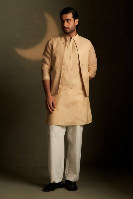 Charkhee Beige Chanderi, Voile, Poplin Embroidery Mul Kurta And Bundi Set Online at Aza Fashions Charkhee_Beige Chanderi, Voile, Poplin Embroidery Mul Kurta And Bundi Set _Online_at_Aza_Fashions