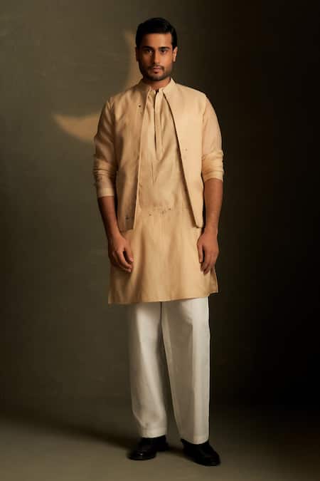 Shop Charkhee Beige Chanderi, Voile, Poplin Embroidery Mul Kurta And Bundi Set at Aza Fashions Shop_Charkhee_Beige Chanderi, Voile, Poplin Embroidery Mul Kurta And Bundi Set _at_Aza_Fashions