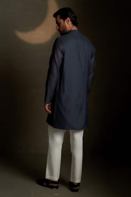 Shop Charkhee Navy Chanderi, Voile, Poplin Embroidery Mul Kurta With Pant at Aza Fashions Shop_Charkhee_Navy Chanderi, Voile, Poplin Embroidery Mul Kurta With Pant _at_Aza_Fashions