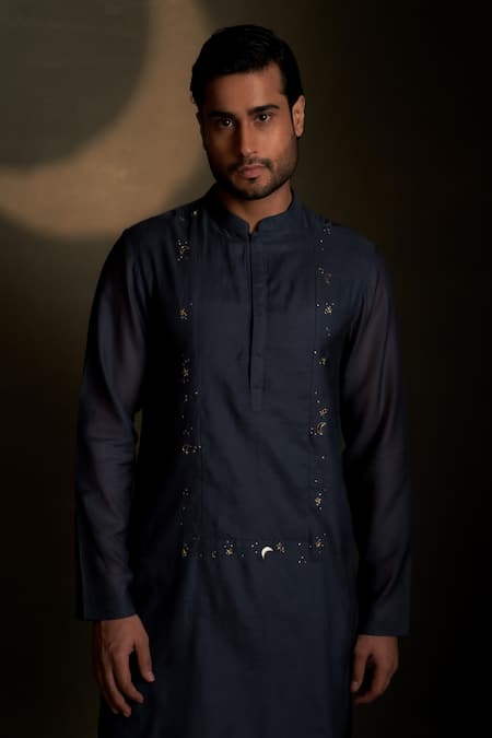 Buy Charkhee Navy Chanderi, Voile, Poplin Embroidery Mul Kurta With Pant Online at Aza Fashions Buy_Charkhee_Navy Chanderi, Voile, Poplin Embroidery Mul Kurta With Pant _Online_at_Aza_Fashions