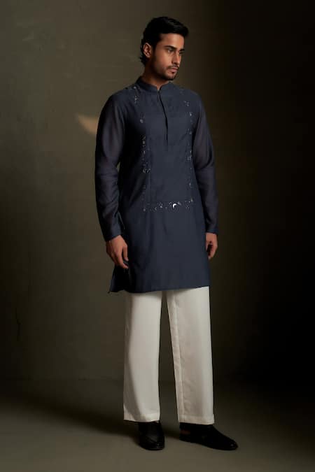 Charkhee Navy Chanderi, Voile, Poplin Embroidery Mul Kurta With Pant 