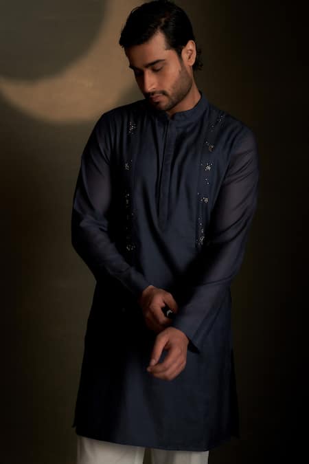 Shop Charkhee Navy Chanderi, Voile, Poplin Embroidery Mul Kurta With Pant Online at Aza Fashions Shop_Charkhee_Navy Chanderi, Voile, Poplin Embroidery Mul Kurta With Pant _Online_at_Aza_Fashions