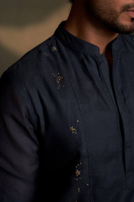 Charkhee Navy Chanderi, Voile, Poplin Embroidery Mul Kurta With Pant at Aza Fashions Charkhee_Navy Chanderi, Voile, Poplin Embroidery Mul Kurta With Pant _at_Aza_Fashions