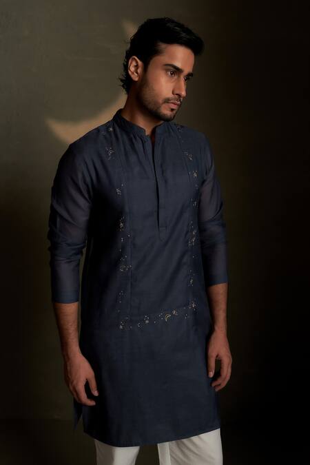 Buy Charkhee Navy Chanderi, Voile, Poplin Embroidery Mul Kurta With Pant Buy_Charkhee_Navy Chanderi, Voile, Poplin Embroidery Mul Kurta With Pant
