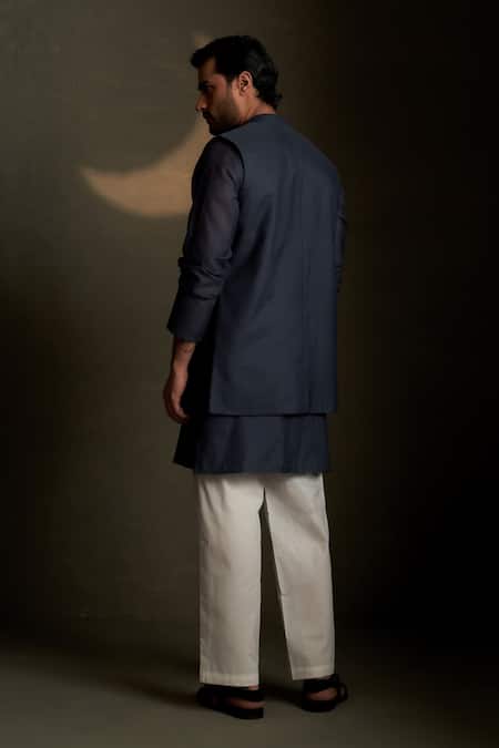 Shop Charkhee Navy Chanderi, Voile, Poplin Embroidery Mul Kurta And Bundi Set at Aza Fashions Shop_Charkhee_Navy Chanderi, Voile, Poplin Embroidery Mul Kurta And Bundi Set _at_Aza_Fashions