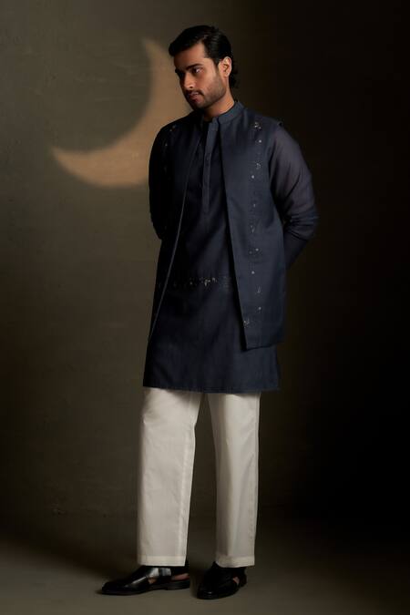 Shop Charkhee Navy Chanderi, Voile, Poplin Embroidery Mul Kurta And Bundi Set Online at Aza Fashions Shop_Charkhee_Navy Chanderi, Voile, Poplin Embroidery Mul Kurta And Bundi Set _Online_at_Aza_Fashions