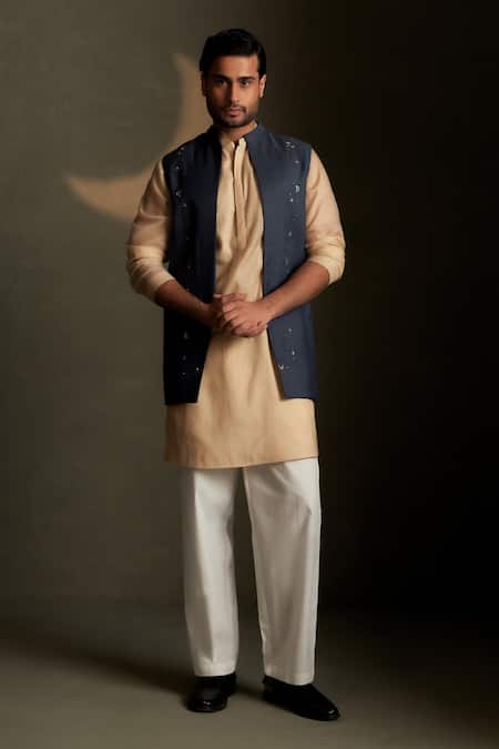 Charkhee Beige Chanderi, Voile, Poplin Embroidery Mul Bundi Kurta Set 