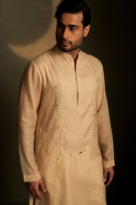 Charkhee Beige Chanderi, Voile, Poplin Embroidery Mul Bundi Kurta Set at Aza Fashions Charkhee_Beige Chanderi, Voile, Poplin Embroidery Mul Bundi Kurta Set _at_Aza_Fashions