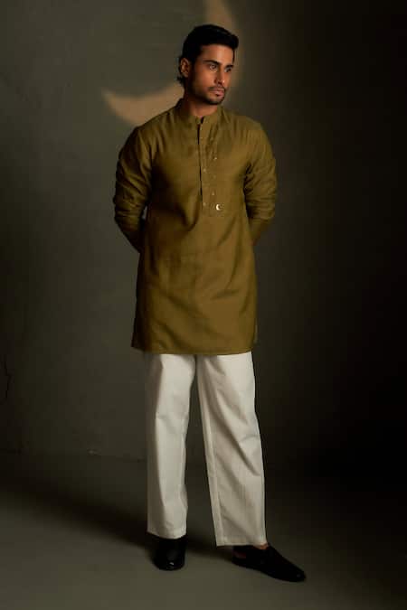Charkhee Olive Green Chanderi, Voile, Poplin Embroidery Mul Kurta With Pant 