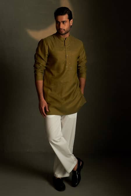 Charkhee Olive Green Chanderi, Voile, Poplin Embroidery Mul Kurta With Pant Online at Aza Fashions Charkhee_Olive Green Chanderi, Voile, Poplin Embroidery Mul Kurta With Pant _Online_at_Aza_Fashions