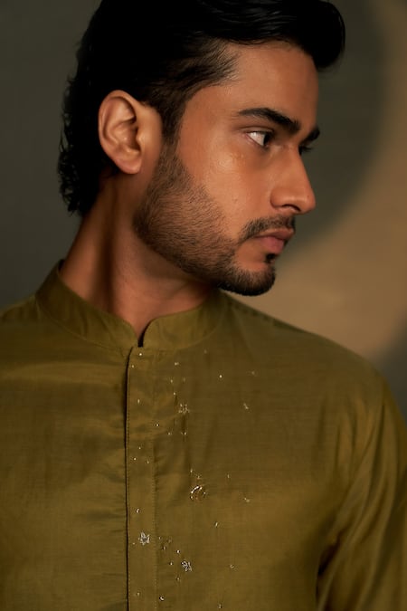 Shop Charkhee Olive Green Chanderi, Voile, Poplin Embroidery Mul Kurta With Pant Online at Aza Fashions Shop_Charkhee_Olive Green Chanderi, Voile, Poplin Embroidery Mul Kurta With Pant _Online_at_Aza_Fashions