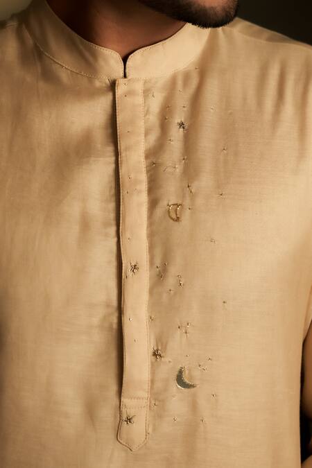 Shop Charkhee Beige Chanderi, Voile, Poplin Embroidery Mul Kurta With Pant Online at Aza Fashions Shop_Charkhee_Beige Chanderi, Voile, Poplin Embroidery Mul Kurta With Pant _Online_at_Aza_Fashions