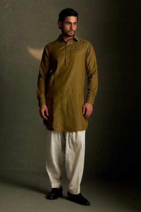 Charkhee Olive Green Chanderi, Voile, Poplin Embroidery Mul Kurta With Pant Online at Aza Fashions Charkhee_Olive Green Chanderi, Voile, Poplin Embroidery Mul Kurta With Pant _Online_at_Aza_Fashions
