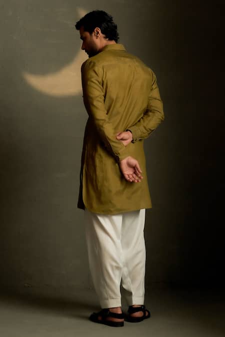 Shop Charkhee Olive Green Chanderi, Voile, Poplin Embroidery Mul Kurta With Pant at Aza Fashions Shop_Charkhee_Olive Green Chanderi, Voile, Poplin Embroidery Mul Kurta With Pant _at_Aza_Fashions