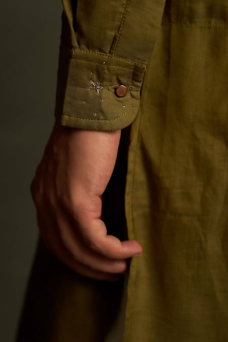 Charkhee Olive Green Chanderi, Voile, Poplin Embroidery Mul Kurta With Pant at Aza Fashions Charkhee_Olive Green Chanderi, Voile, Poplin Embroidery Mul Kurta With Pant _at_Aza_Fashions