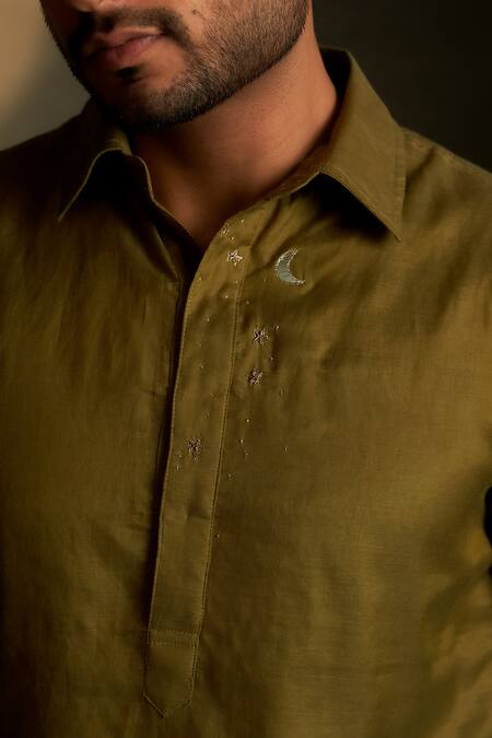 Buy Charkhee Olive Green Chanderi, Voile, Poplin Embroidery Mul Kurta With Pant Buy_Charkhee_Olive Green Chanderi, Voile, Poplin Embroidery Mul Kurta With Pant