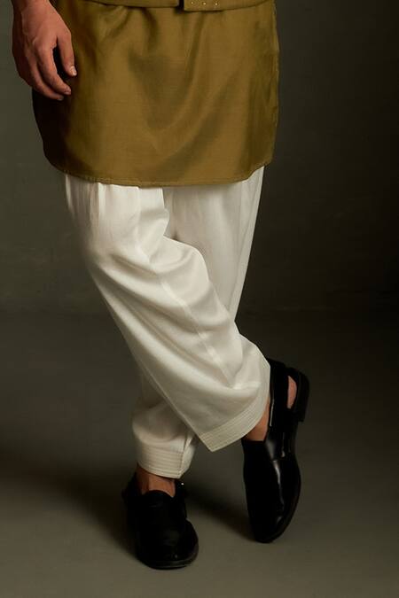 Charkhee_Olive Green Chanderi, Voile, Poplin Embroidery Moon Pattern Bundi Kurta Set _Online_at_Aza_Fashions