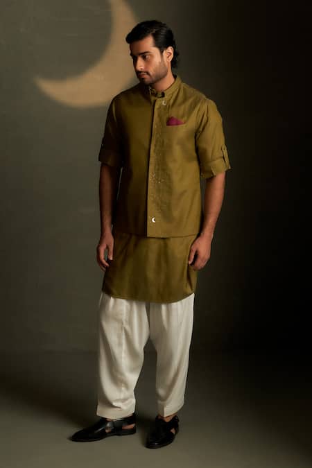 Charkhee_Olive Green Chanderi, Voile, Poplin Embroidery Moon Pattern Bundi Kurta Set _at_Aza_Fashions