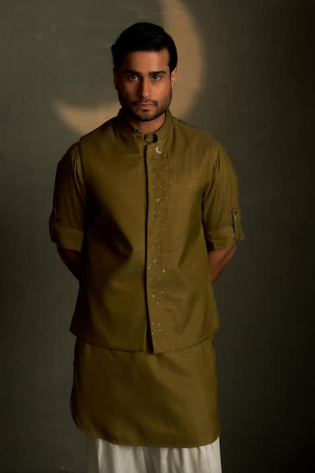Buy_Charkhee_Olive Green Chanderi, Voile, Poplin Embroidery Moon Pattern Bundi Kurta Set 