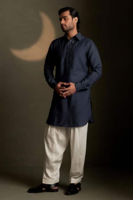 Shop Charkhee Navy Chanderi, Voile, Poplin Embroidery Moon Pattern Kurta With Pant at Aza Fashions Shop_Charkhee_Navy Chanderi, Voile, Poplin Embroidery Moon Pattern Kurta With Pant _at_Aza_Fashions