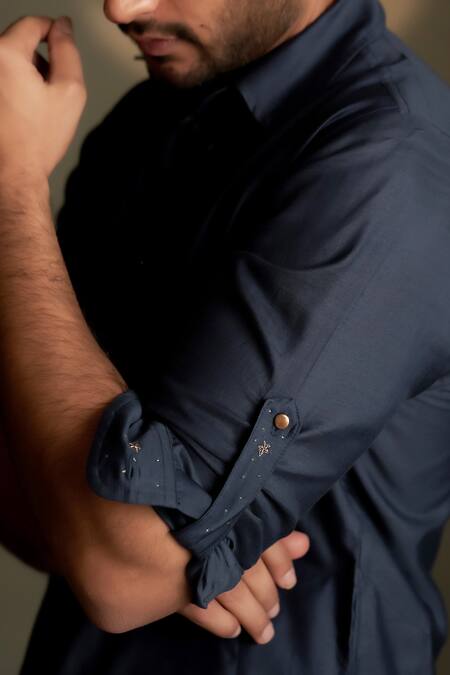 Shop Charkhee Navy Chanderi, Voile, Poplin Embroidery Moon Pattern Kurta With Pant Online at Aza Fashions Shop_Charkhee_Navy Chanderi, Voile, Poplin Embroidery Moon Pattern Kurta With Pant _Online_at_Aza_Fashions