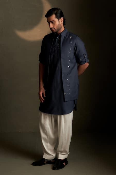 Charkhee Navy Chanderi, Voile, Poplin Embroidery Moon Pattern Bundi Kurta Set 