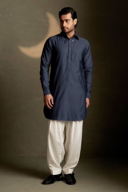 Shop Charkhee Navy Chanderi, Voile, Poplin Embroidery Moon Pattern Bundi Kurta Set Online at Aza Fashions Shop_Charkhee_Navy Chanderi, Voile, Poplin Embroidery Moon Pattern Bundi Kurta Set _Online_at_Aza_Fashions