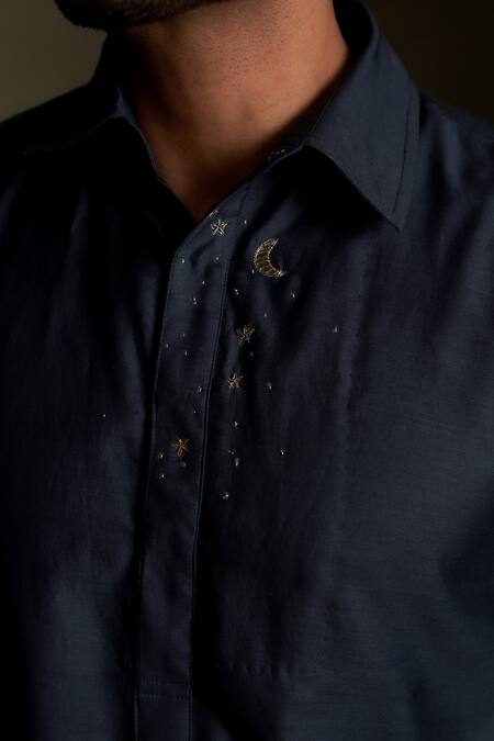 Charkhee Navy Chanderi, Voile, Poplin Embroidery Moon Pattern Bundi Kurta Set at Aza Fashions Charkhee_Navy Chanderi, Voile, Poplin Embroidery Moon Pattern Bundi Kurta Set _at_Aza_Fashions