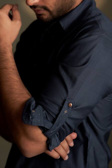 Buy Charkhee Navy Chanderi, Voile, Poplin Embroidery Moon Pattern Bundi Kurta Set Buy_Charkhee_Navy Chanderi, Voile, Poplin Embroidery Moon Pattern Bundi Kurta Set