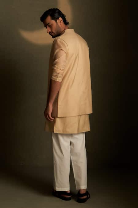 Shop Charkhee Beige Chanderi, Voile Embroidery Moon Pattern Bundi at Aza Fashions Shop_Charkhee_Beige Chanderi, Voile Embroidery Moon Pattern Bundi _at_Aza_Fashions