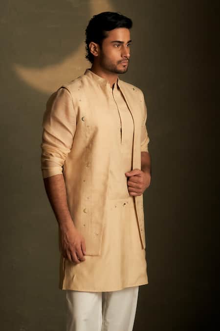 Charkhee Beige Chanderi, Voile Embroidery Moon Pattern Bundi 