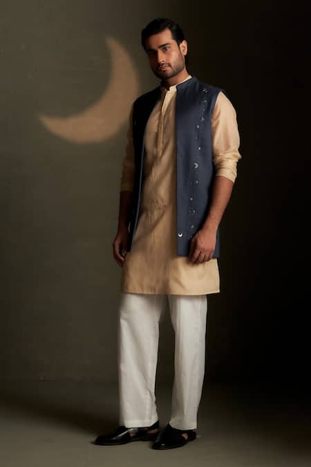 Shop Charkhee Navy Voile Embroidery Moon Pattern Jacket at Aza Fashions Shop_Charkhee_Navy Voile Embroidery Moon Pattern Jacket _at_Aza_Fashions