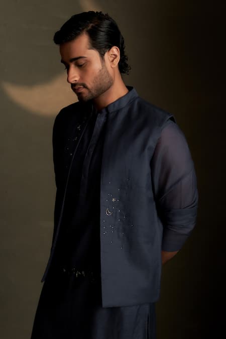 Charkhee Blue Chanderi, Voile Embroidery Moon Pattern Bundi Online at Aza Fashions Charkhee_Blue Chanderi, Voile Embroidery Moon Pattern Bundi _Online_at_Aza_Fashions