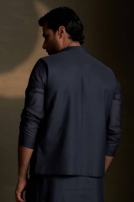 Shop Charkhee Blue Chanderi, Voile Embroidery Moon Pattern Bundi at Aza Fashions Shop_Charkhee_Blue Chanderi, Voile Embroidery Moon Pattern Bundi _at_Aza_Fashions