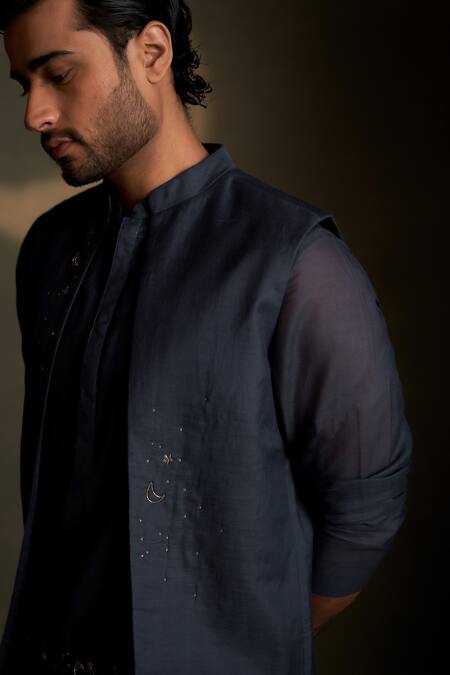 Shop Charkhee Blue Chanderi, Voile Embroidery Moon Pattern Bundi Online at Aza Fashions Shop_Charkhee_Blue Chanderi, Voile Embroidery Moon Pattern Bundi _Online_at_Aza_Fashions