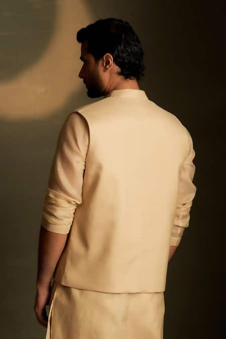 Shop Charkhee Beige Chanderi, Voile Embroidery Cresent Moon Pattern Bundi at Aza Fashions Shop_Charkhee_Beige Chanderi, Voile Embroidery Cresent Moon Pattern Bundi _at_Aza_Fashions