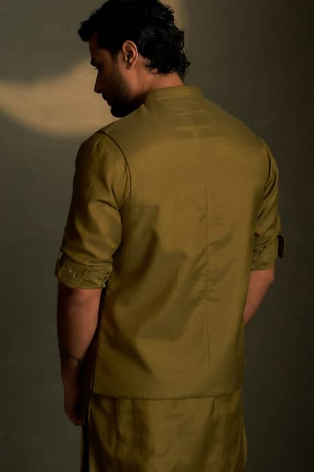 Shop Charkhee Olive Green Chanderi, Voile Embroidery Moon Pattern Bundi at Aza Fashions Shop_Charkhee_Olive Green Chanderi, Voile Embroidery Moon Pattern Bundi _at_Aza_Fashions