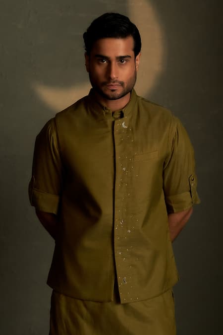 Charkhee Olive Green Chanderi, Voile Embroidery Moon Pattern Bundi Online at Aza Fashions Charkhee_Olive Green Chanderi, Voile Embroidery Moon Pattern Bundi _Online_at_Aza_Fashions