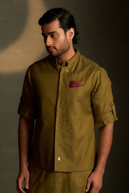 Buy Charkhee Olive Green Chanderi, Voile Embroidery Moon Pattern Bundi Online at Aza Fashions Buy_Charkhee_Olive Green Chanderi, Voile Embroidery Moon Pattern Bundi _Online_at_Aza_Fashions