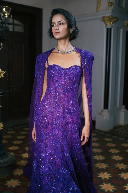 Mishru_Purple Tulle Embroidery, Sequins Sweetheart Neck, Round Cassia Gown With Cape _Online_at_Aza_Fashions