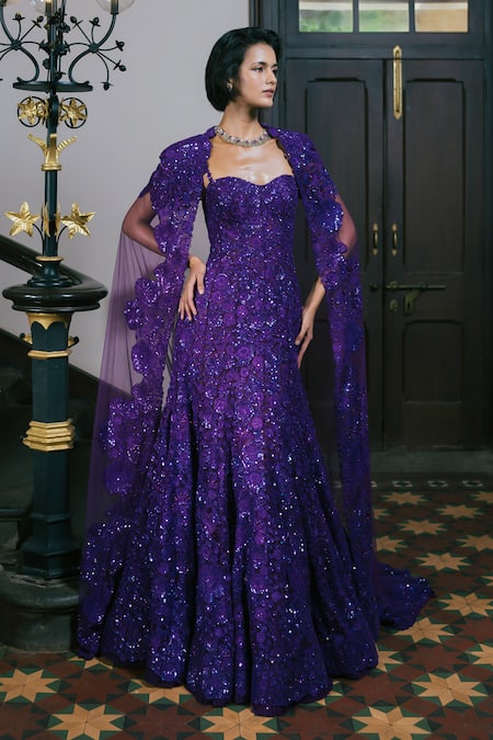 Buy_Mishru_Purple Tulle Embroidery, Sequins Sweetheart Neck, Round Cassia Gown With Cape _Online_at_Aza_Fashions