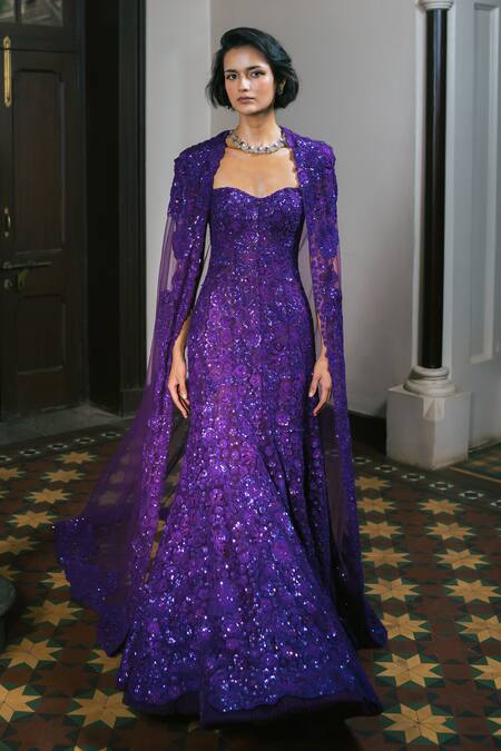 Shop_Mishru_Purple Tulle Embroidery, Sequins Sweetheart Neck, Round Cassia Gown With Cape _Online_at_Aza_Fashions