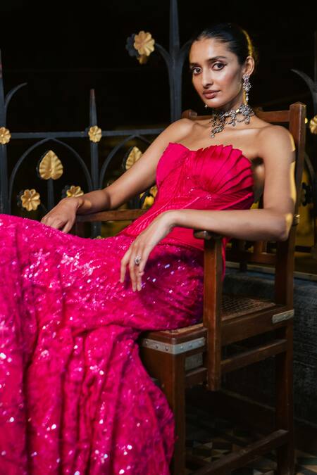 Mishru_Fuchsia Satin, Tulle Applique, Embroidery, Sequins Sienna Corset With Skirt _Online_at_Aza_Fashions