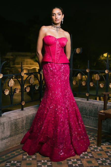 Buy_Mishru_Fuchsia Satin, Tulle Applique, Embroidery, Sequins Sienna Corset With Skirt _Online_at_Aza_Fashions