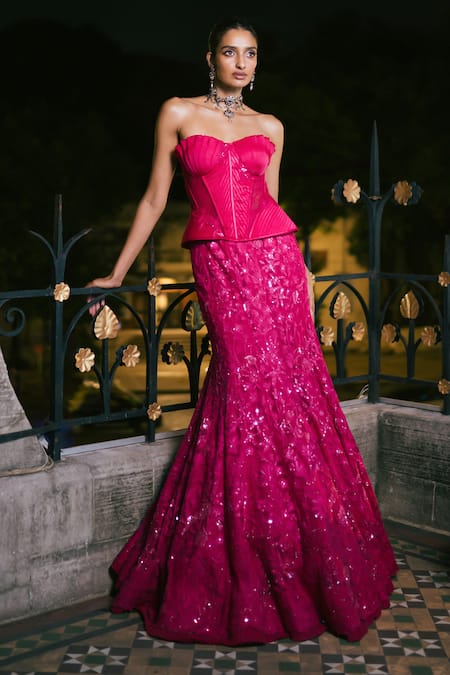 Mishru Fuchsia Satin, Tulle Applique, Embroidery, Sequins Sienna Corset With Skirt 