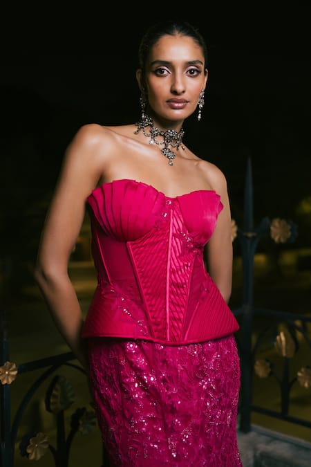 Mishru_Fuchsia Satin, Tulle Applique, Embroidery, Sequins Sienna Corset With Skirt _at_Aza_Fashions