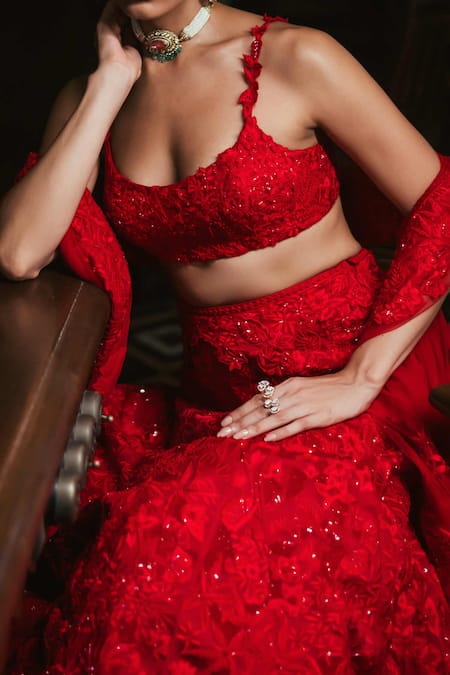 Buy_Mishru_Red Organza Embroidery, Sequins, Applique Scoop Neck Emma Lehenga Set _Online_at_Aza_Fashions